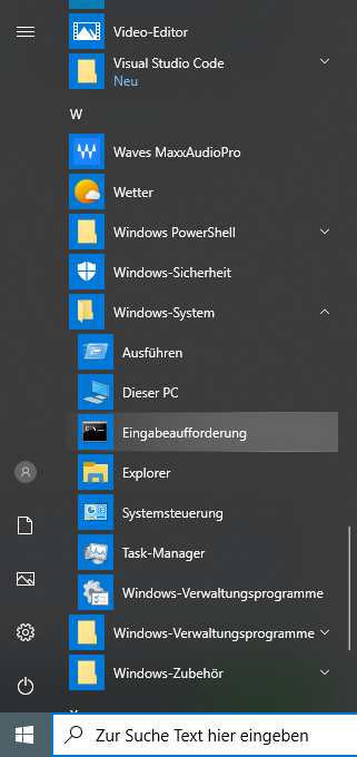 Windows CMD Konsole Terminal über Startmenü öffnen