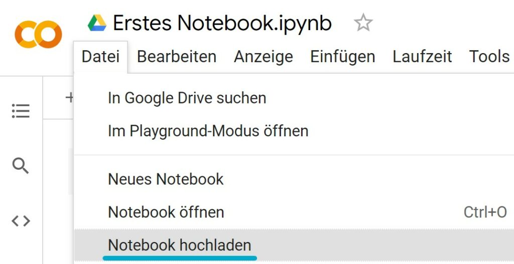 Colab Menü Notebook hochladen