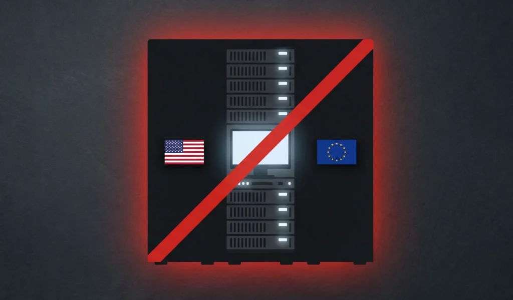 Server-Rack mit US-Flagge und Warnung - Cloud Act DSGVO Haftungsfalle bei AWS Frankfurt