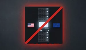 Server-Rack mit US-Flagge und Warnung - Cloud Act DSGVO Haftungsfalle bei AWS Frankfurt