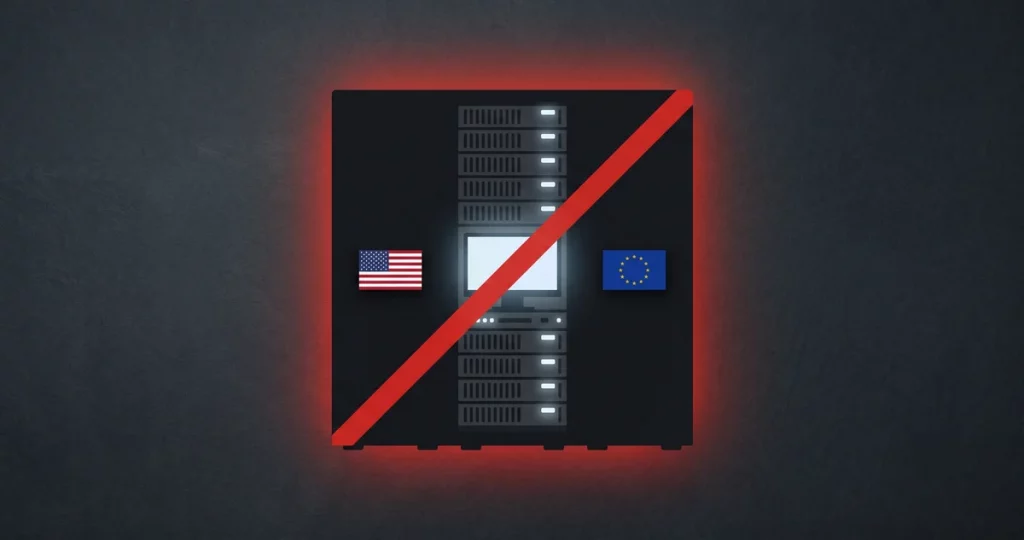 Server-Rack mit US-Flagge und Warnung - Cloud Act DSGVO Haftungsfalle bei AWS Frankfurt