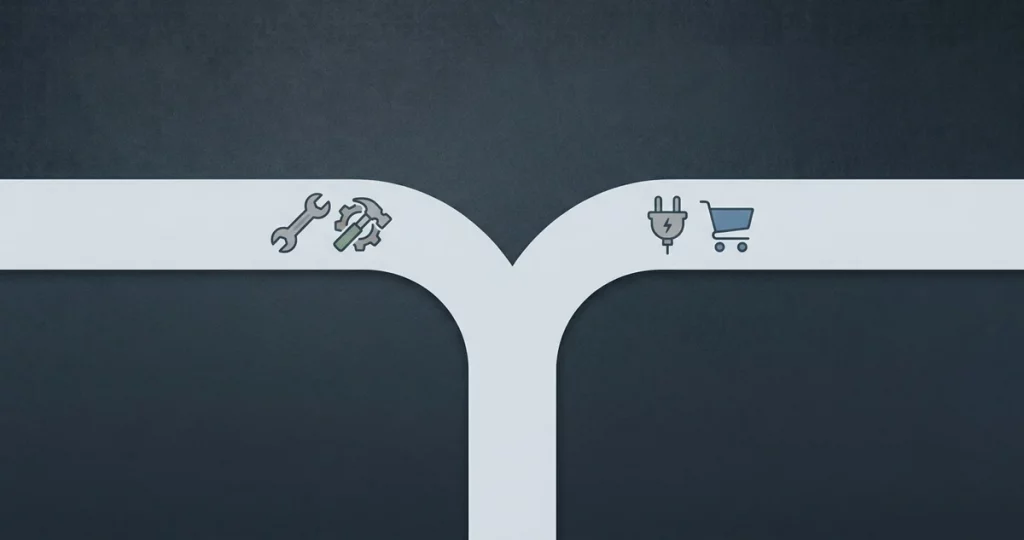 Weggabelung mit Bau- und Kauf-Symbol - Datenpipeline aufbauen oder kaufen Make-or-Buy
