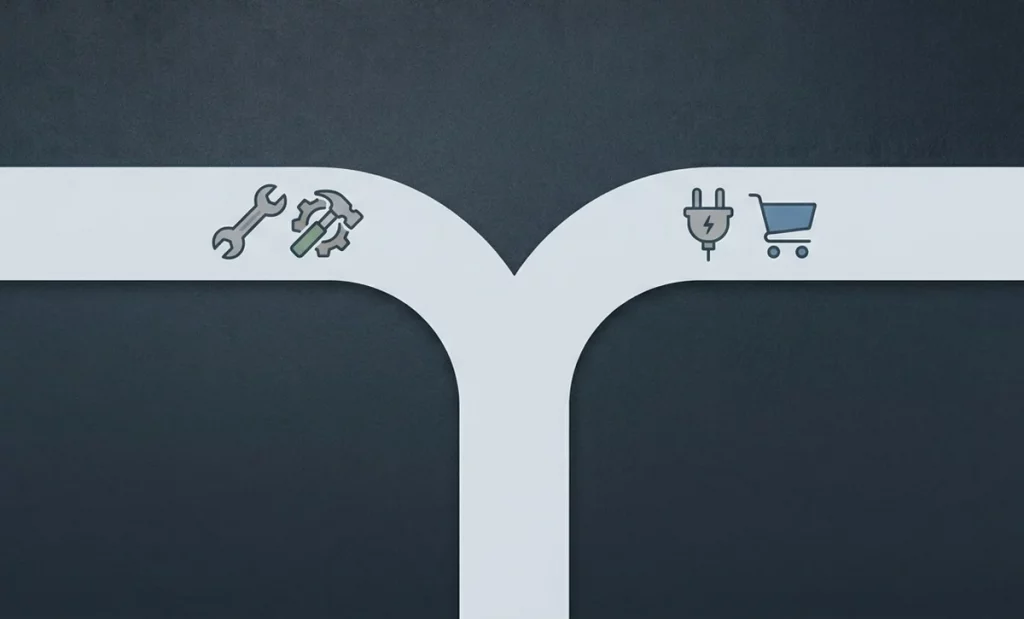 Weggabelung mit Bau- und Kauf-Symbol - Datenpipeline aufbauen oder kaufen Make-or-Buy