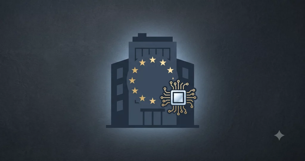 Mittelständisches Unternehmen mit EU-Sterne und KI-Chip - EU AI Act Pflichten für den Mittelstand