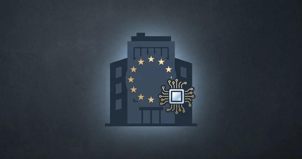 Mittelständisches Unternehmen mit EU-Sterne und KI-Chip - EU AI Act Pflichten für den Mittelstand