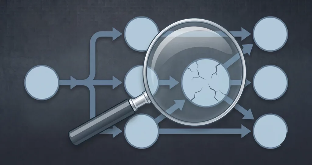 Lupe über einem n8n-Workflow-Diagramm mit einem gebrochenen Knoten - wiederkehrende Audit-Fehler