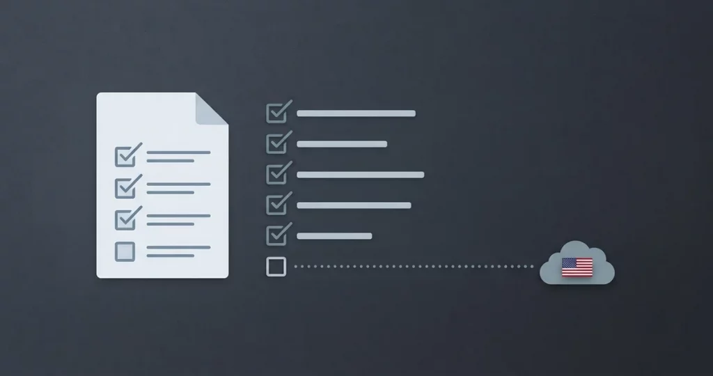 Checkliste mit einem ungeprüften letzten Punkt, verbunden mit einer Cloud - Cloud Act Lücke bei Trust-and-Compliance-Seiten von KI-Anbietern