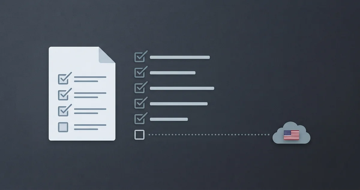 Checkliste mit einem ungeprüften letzten Punkt, verbunden mit einer Cloud - Cloud Act Lücke bei Trust-and-Compliance-Seiten von KI-Anbietern