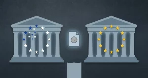 Zwei sich gegenüberstehende Behörden-Silhouetten, USA und EU, mit einem Dokument dazwischen - EU e-Evidence-Verordnung als europäisches Cloud-Act-Gegenstück