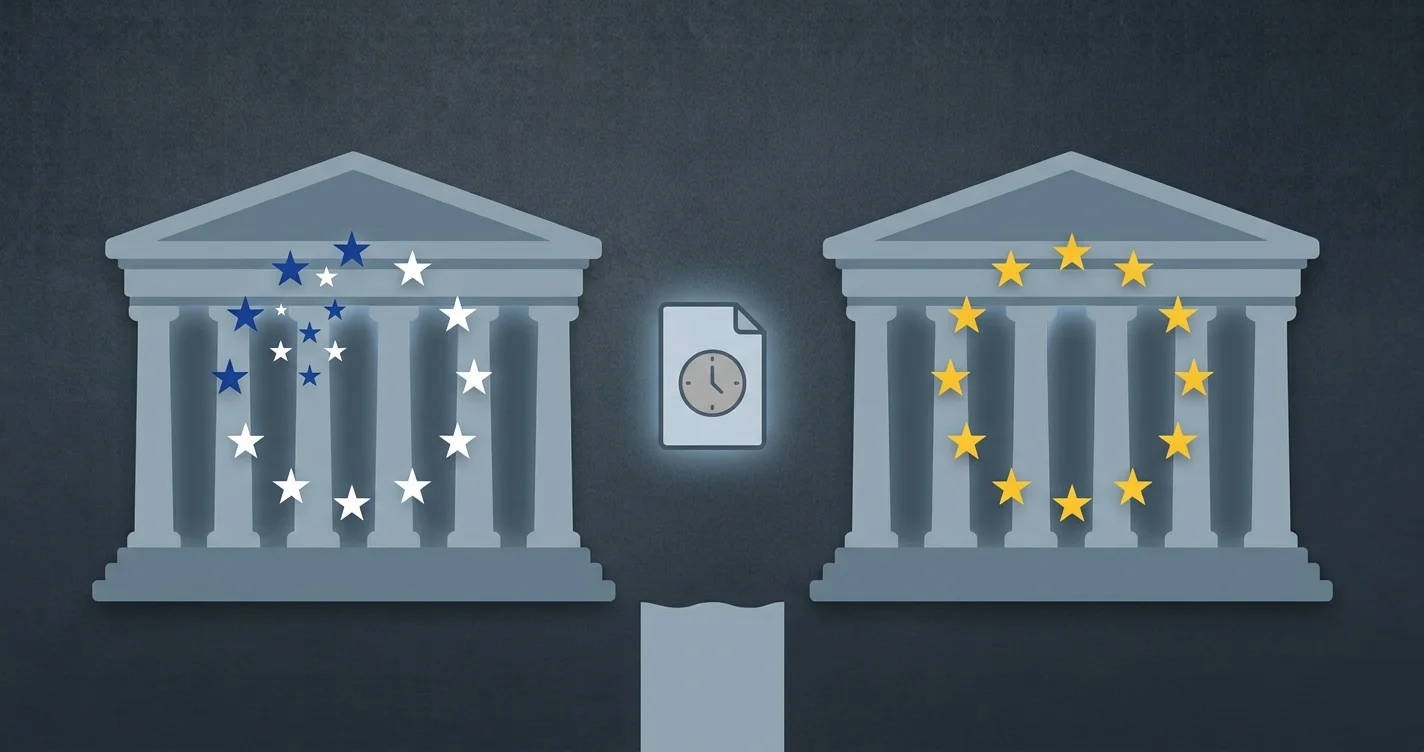 Zwei sich gegenüberstehende Behörden-Silhouetten, USA und EU, mit einem Dokument dazwischen - EU e-Evidence-Verordnung als europäisches Cloud-Act-Gegenstück